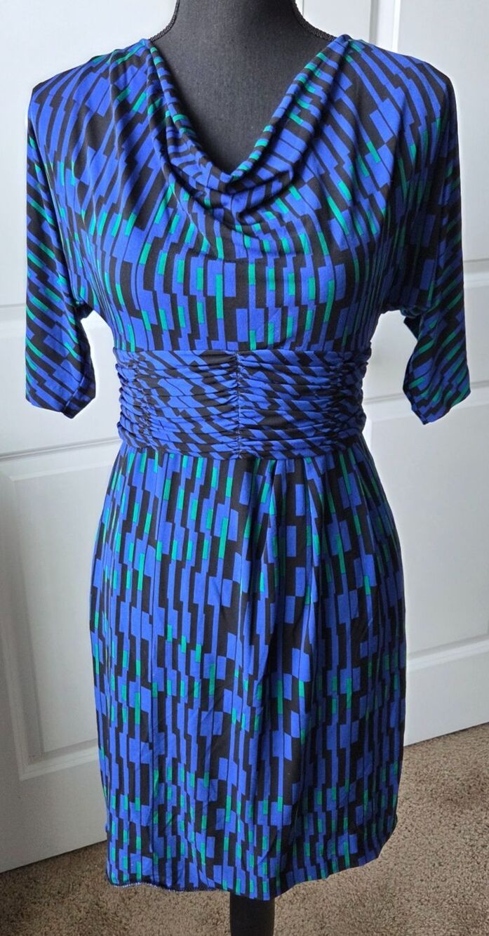 Taylor Womens Blue Green Geometric Sheath Dress Size 2 Ruched Waist